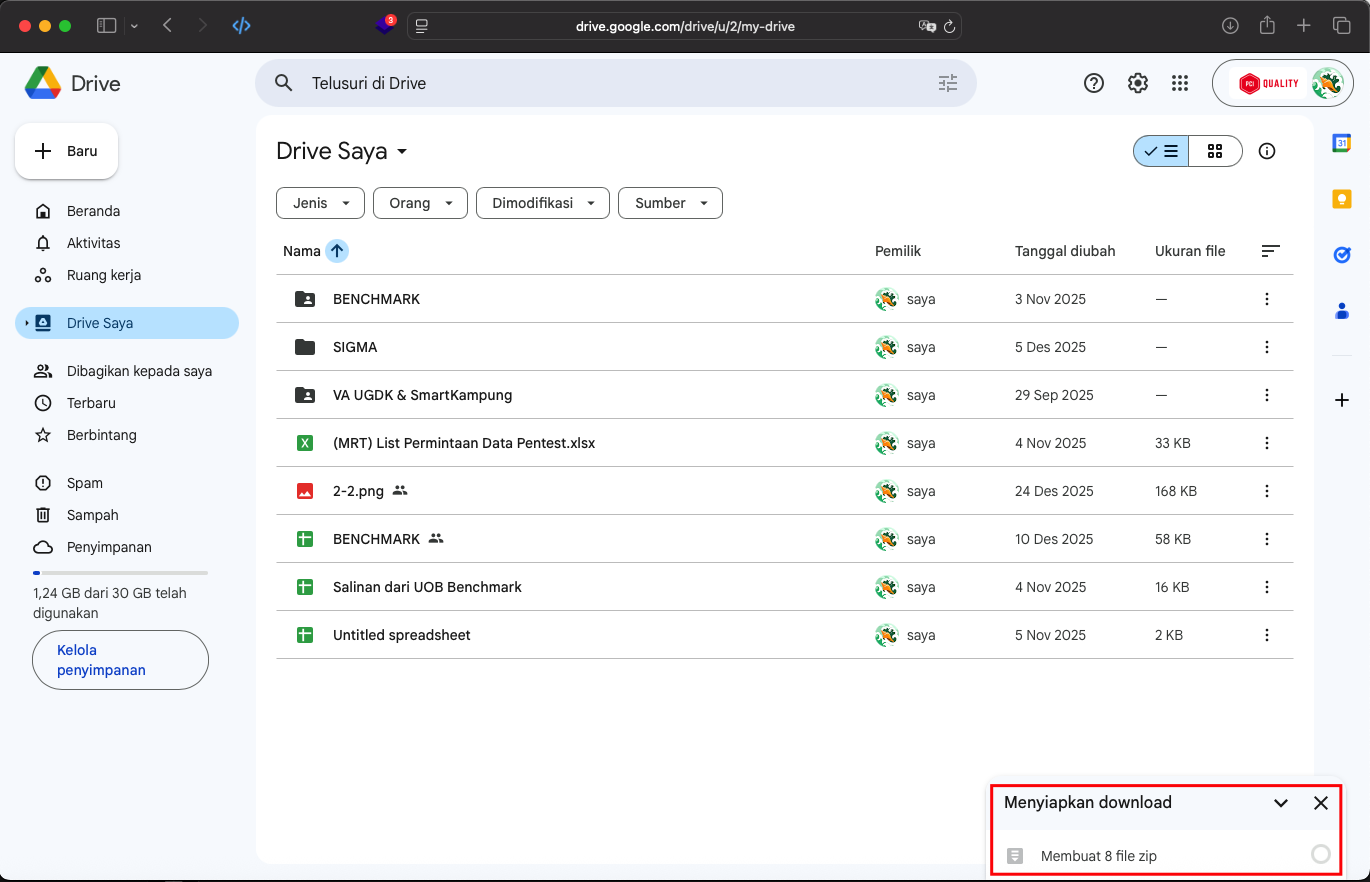 Notifikasi proses penyiapan file zip
