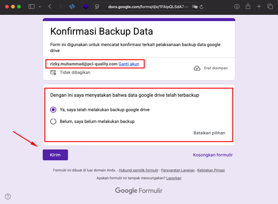 Formulir konfirmasi backup data